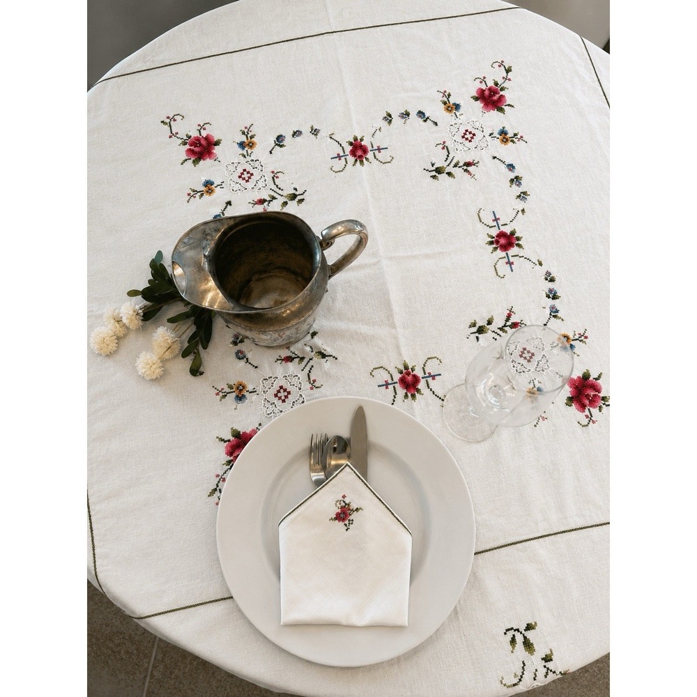 Vintage Hand Embroidered Linen Cross Stitch Tablecloth 7 Napkins Floral 63 x 63